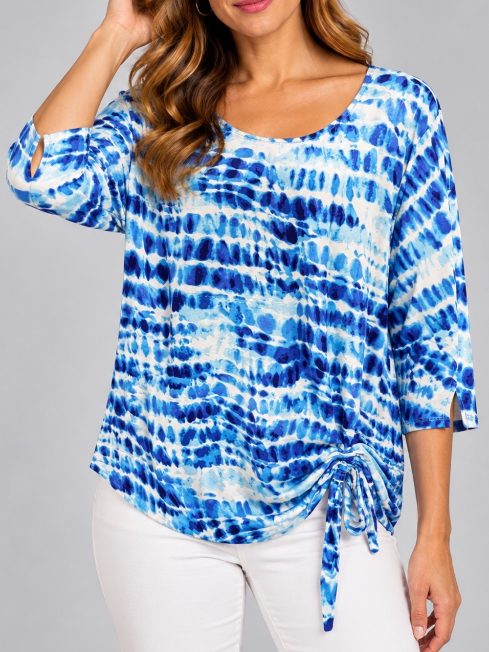 Blue Tie-Dye Scoop Neck Tunic with Side Tie